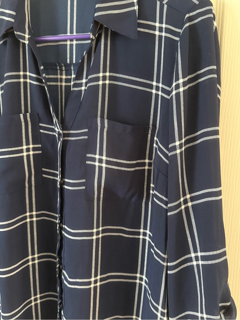 Fortune + Ivy Navy Windowpane Plaid Button Front Blouse Top Size Large - Picture 6 of 12